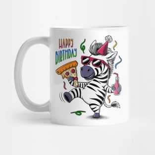 Zebra illustration in a party hat and sunglasses holding a pizza and a bottle. Happy birthday greeting Mug